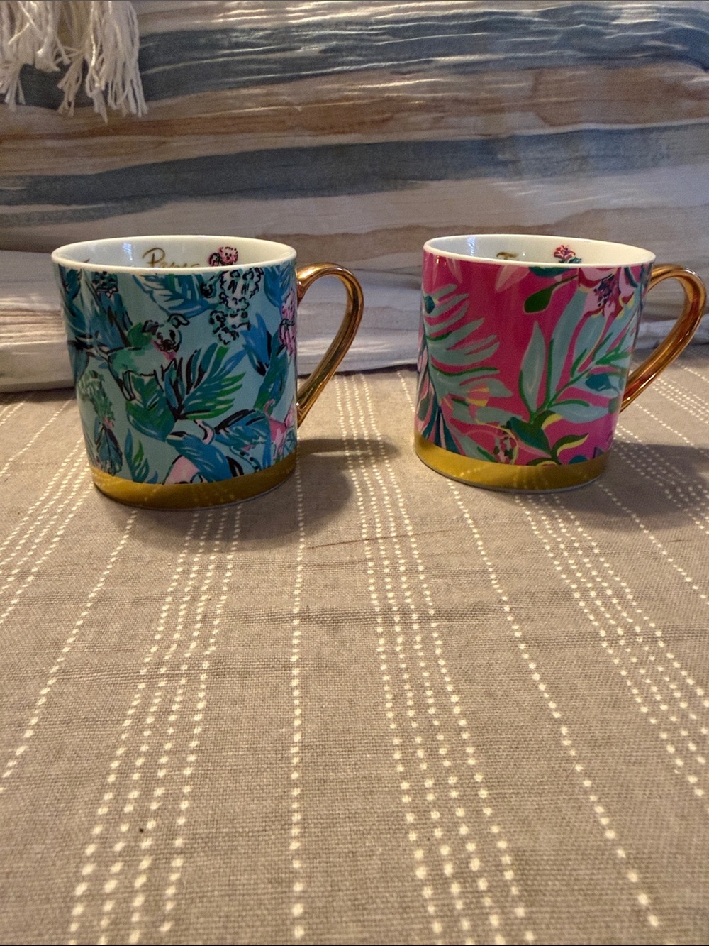 Lilly Pulitzer Gold-Trim Floral Ceramic Mugs - Blue and Pink Set